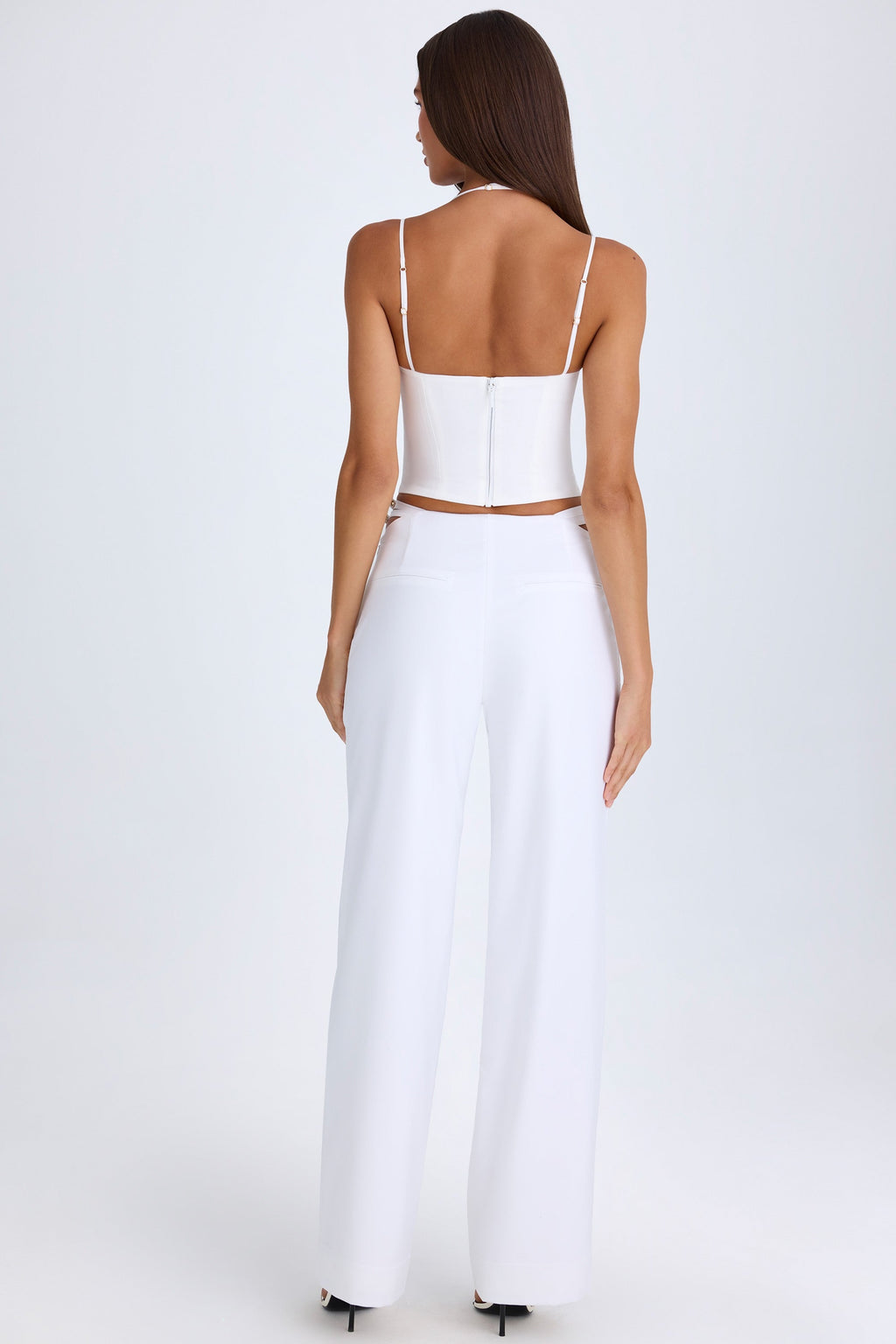 Chic Belted Cut-Out Wide-Leg Trousers in White
